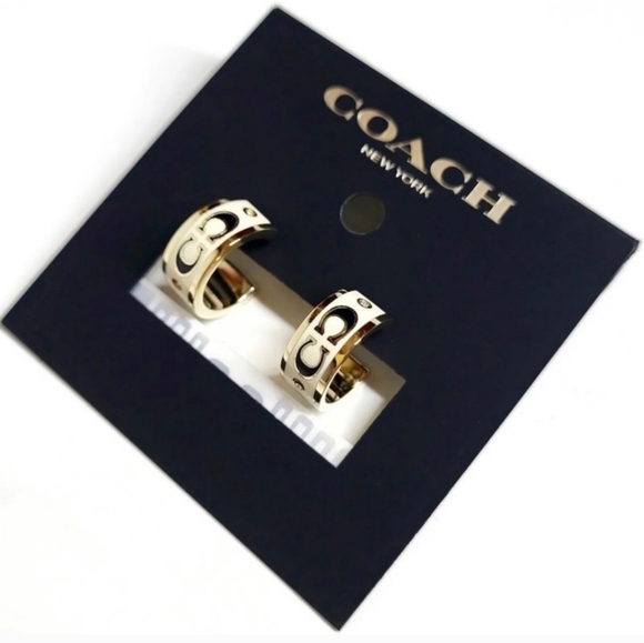 🔹️Coach🔹️ Signature Enamel and Crystal Huggie Earrings Gold White Plated Brass - Picture 2 of 6